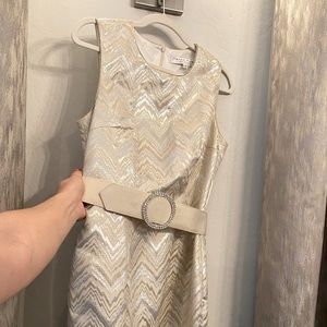 NWT- Trina Turk size 6 (ivory with metallic thread pattern) belted sheath dress